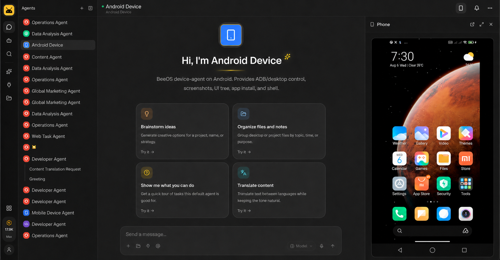 BeeOS Agent Workspace and Android device control